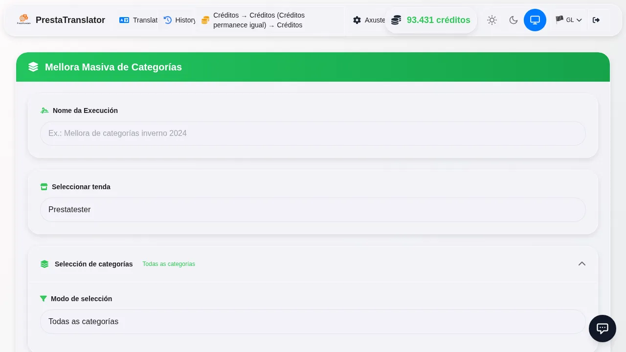 Translating categories follows the same workflow.