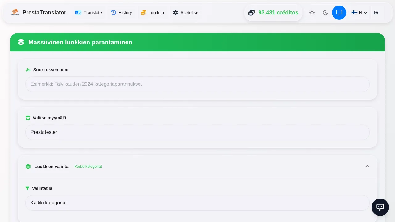 Translating categories follows the same workflow.