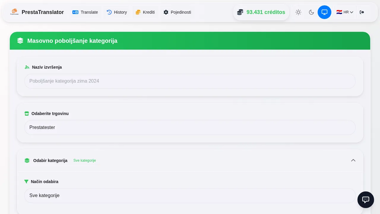 Translating categories follows the same workflow.