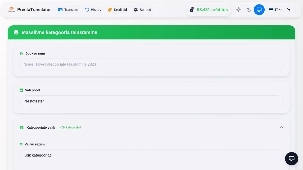 Translating categories follows the same workflow.