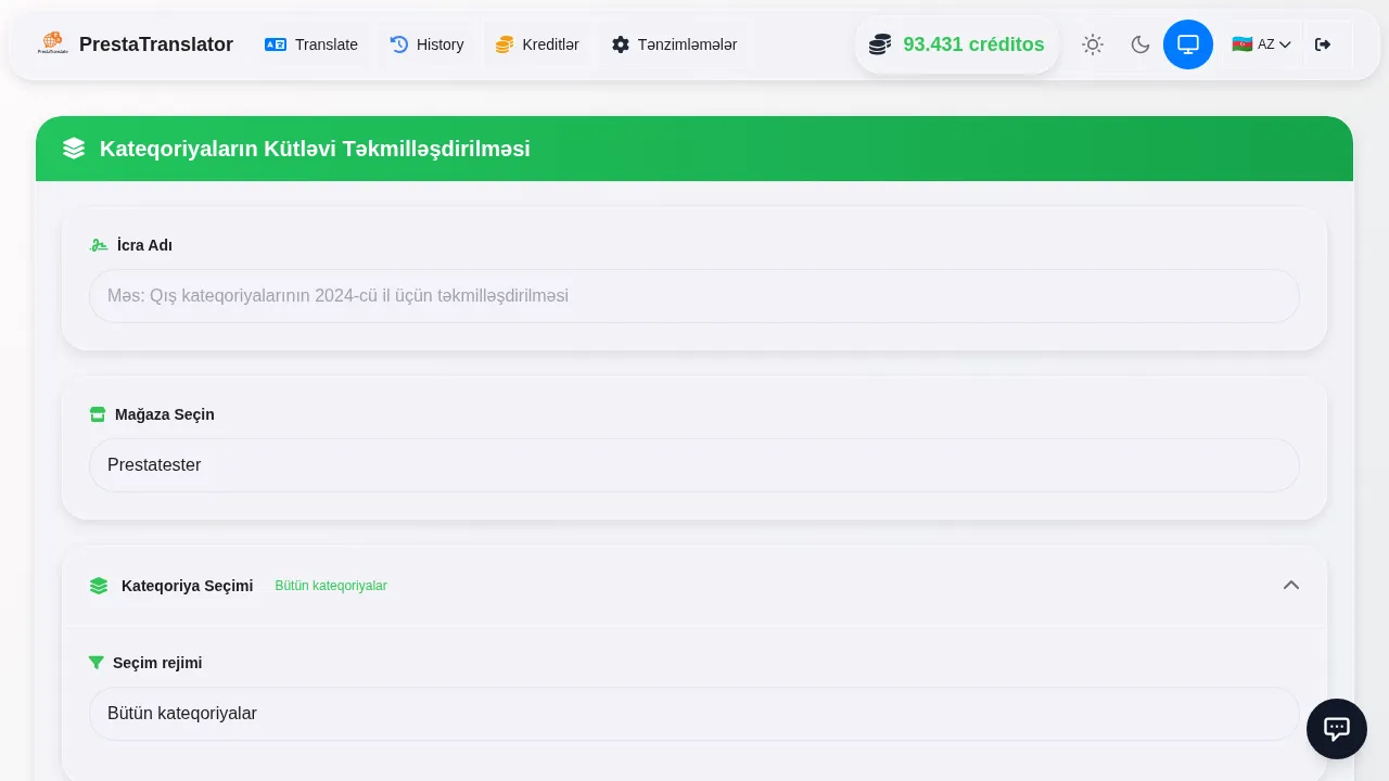 Translating categories follows the same workflow.