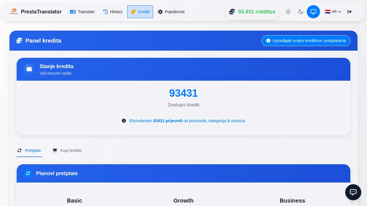 The credits dashboard.