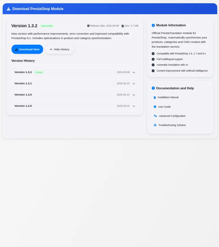 Download the module directly from your PrestaTranslator dashboard.