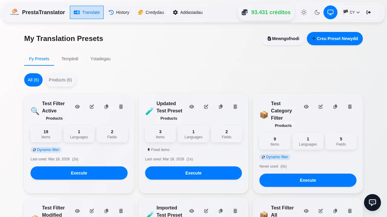 Saved presets ready to execute.