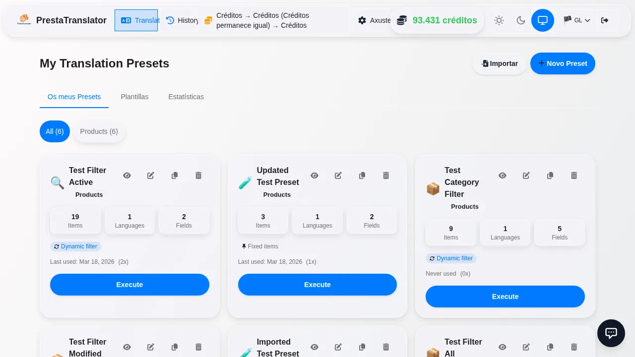 Saved presets ready to execute.
