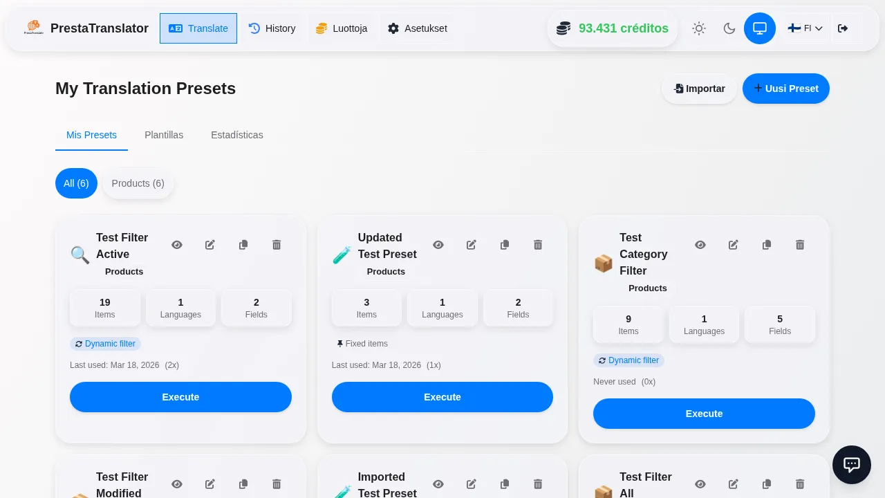 Saved presets ready to execute.