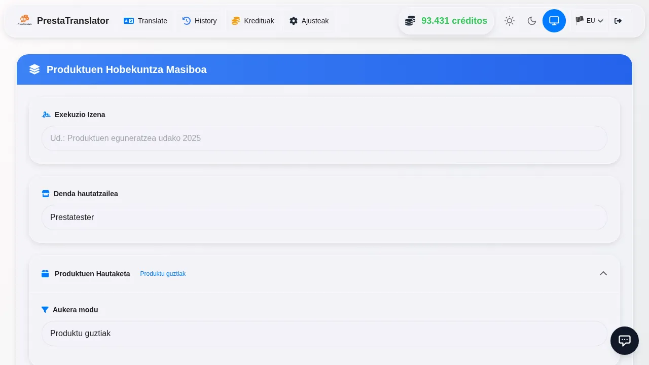 The product translation interface.